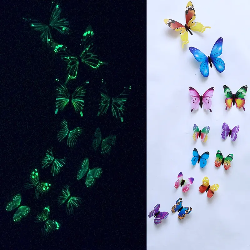 12 pièces autocollant mural papillon 3D lumineux pour chambre d'enfant, maison, salon, réfrigérateur, Sticker mural, lueur dans le noir, décoration de papier peint