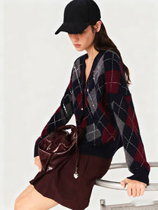 Cárdigan de Punto para Mujer, Transpirable, Delgado, Nuevo Modelo de Otoño, a Cuadros, Corto, Ajustado, Sexy, con Cuello en V, Elástico, Versátil, con un Solo Botón - Product Image 2