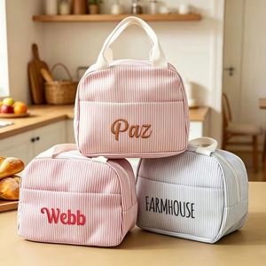 Custom Name Embroidered Corduroy <b>Thermal</b> Insulated Large Capacity Durable Lunch Tote Portable Reusable Cooler Bag for <b>Boys</b> - Product Image 1