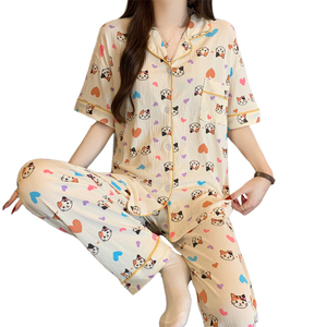 Conjunto de pijama de manga corta para mujer, estilo coreano, lindo y elegante, de tela arrugada - Nueva colección de primavera - Product Image 1