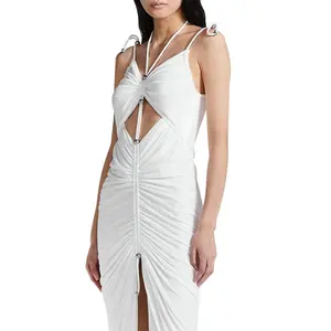 custom 2022 summer trending feeling lady fashion female quality white sexy cut out halter club ruffled luxury long midi dress