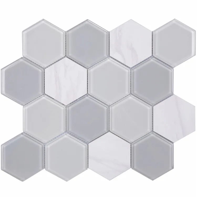 Italian White Hexagon Glass and Marble Mosaic Tiles For Bathroom