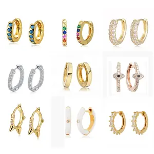 Cubic Zirconia Earrings Peishang Custom Women Small Enamel Cuff Hoop Huggies Earrings Sterling Silver Gold Plated Jewelry CZ Cubic Zirconia 14K 18K 24K
