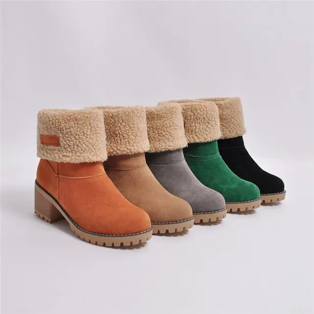Winter Snow Boots Outdoor Mid-calf Ankle Bootie Warm Suede Chunky Block Heel Round Toe Faux Fur for Women Pu Adult Plush Rubber