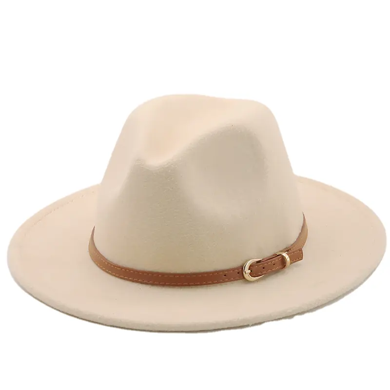 Topi Fedora pinggiran lebar hitam putih besar topi bulu Kempa wol Wanita Pria dengan dekorasi rantai logam topi Panama Jazz Chapeau