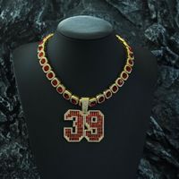 PD3032 Style Hip Hop Diamant Rouge Numéro 39 Pendentif sur Cubain Lien Chaîne Collier Alliage de Zinc pour les Occasions d'Anniversaire