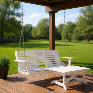 Balançoire de véranda en bois blanc pour 3 personnes avec table basse pliante et porte-gobelets pour patios - Product Image 2