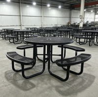Table de pique-nique extérieure en métal sur mesure avec bancs, revêtement thermoplastique, table de pique-nique ronde commerciale avec banc