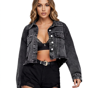 Women's <b>Cropped</b> <b>Denim</b> Trucker <b>Jacket</b> Breathable Full Sleeve Washed Black Frayed Edge Turn Down Collar Front Logo Autumn Style - Product Image 1