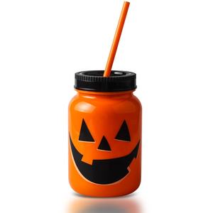 Pot Mason en plastique orange de 24 oz de qualité alimentaire pour les fêtes et événements d'Halloween avec couvercle et paille - Product Image 1