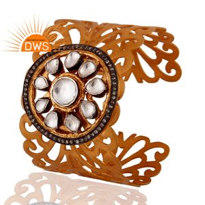 <b>Crystal</b> Polki and Zircon Set Handmade Gold Plated Indian Sterling Silver Wide Cuff <b>Bracelet</b> Jewelry Supplier Vintage Collection - Product Image 2