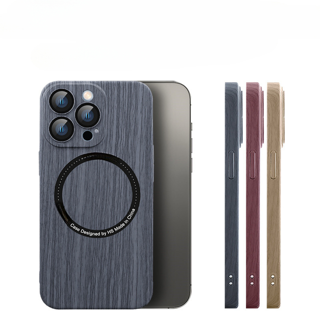 Fashion PC Lens Protection Wood Grain Back Cover Wireless Charging Magnetic Phone Case for iPhone 12 13 Pro Max