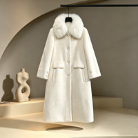Manteau long en fausse fourrure pour femme, blanc ivoire, col en vraie fourrure de renard amovible, boutons pression perlés, deux poches plaquées, coupe ample, chaud, vêtement d'extérieur pour l'hiver