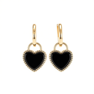 E4697 Heart Shape Drop <b>Earrings</b> Gold Plated <b>Black</b> Stone Bezel Setting <b>Women</b> Classic Everyday Wear Fine Jewelry - Product Image 1