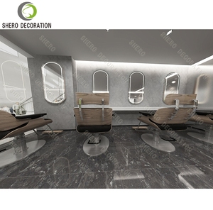 Barber Shop Interior Design Customized High Quality Barber Shop Wood Cabinet Barber Shop <b>Mirror</b> Station With <b>Light</b> - Product Image 6