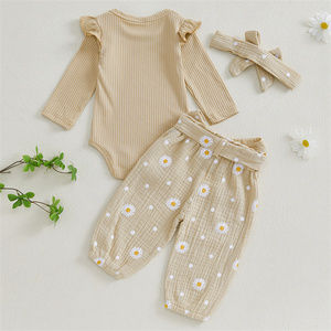 Mùa thu trẻ sơ sinh rắn Gân Dài Tay Áo Romper Daisy quần Headband 3pcs trang phục bé gái quần áo <span class=keywords><strong>Set</strong></span> - Product Image 3