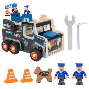 Ensemble <span class=keywords><strong>de</strong></span> jouets <span class=keywords><strong>de</strong></span> construction en bois <span class=keywords><strong>de</strong></span> voiture <span class=keywords><strong>de</strong></span> police avec écrous et boulons, démontage et assemblage, comprend des policiers, un chien, des cônes <span class=keywords><strong>de</strong></span> signalisation W04A684 - Product Image 1