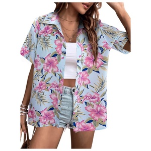 Blusa Retro Vintage de Moda Hawaiana, Tejida, con Estampado Floral Tropical, Cuello en V, Manga Corta, Botones al Frente, para Verano - Product Image 2