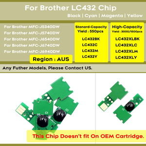Chip Compatible con Cartuchos Australia LC432 LC432XL para Brother <span class=keywords><strong>MFC</strong></span>-J5340DW <span class=keywords><strong>MFC</strong></span>-J5740DW <span class=keywords><strong>MFC</strong></span>-J6540DW <span class=keywords><strong>MFC</strong></span>-J6740DW <span class=keywords><strong>MFC</strong></span>-<span class=keywords><strong>J6940DW</strong></span> - Product Image 1