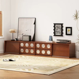 Meuble TV et armoire de rangement vintage en bois de style mi-siècle, monobloc, pour salon et hôtel - Product Image 1