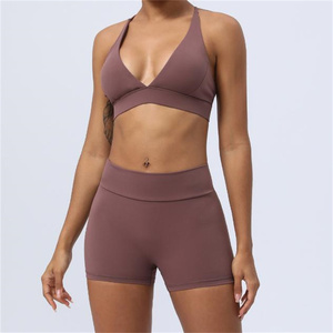 Otoño nuevo estilo señoras mujeres compresión elástica suave secado rápido V corte Yoga pantalones cortos y Conjunto de sujetador - Product Image 3