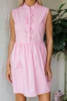 Fabricant de vêtements sur mesure OEM, robe courte rose à col mandarin sans manches avec nœud papillon, mode estivale pour femmes