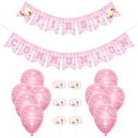 Décorations de baptême roses comprenant une bannière de première communion, un toile de fond et des ballons « Dieu bénisse » pour la décoration de la première communion des filles.