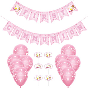 Décorations de baptême roses comprenant une bannière de première communion, un toile de fond et des ballons « Dieu bénisse » pour la décoration de la première communion des filles. - Product Image 1