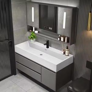 Mobile Bagno Moderno Resistente all'Acqua Sospeso in Compensato con Lavabo in Ceramica, Specchiera e Design Rettangolare - Product Image 1