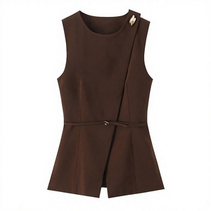 Gilet asymétrique sans manches pour femme avec ceinture, col rond, couleur unie, vêtement d'extérieur - Product Image 3