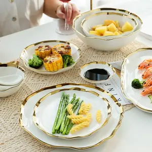 ชุดจานชามเซรามิคสีขาวหรูหราแบบยุโรป,ชุดอุปกรณ์อาหารเย็นเซรามิกพร้อมขอบสีทอง