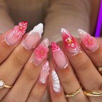 Lot de 10 faux ongles en gel souple peints à la main, courts, en forme d'amande, avec fleurs 3D en gel, épais, en acrylique, pour revendeurs en gros