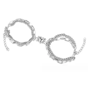 Popular Simple Stainless Steel Couples Bracelet Custom Heart Magnet Pair Of Double Layer Wear Stitching Fashion Bracelet