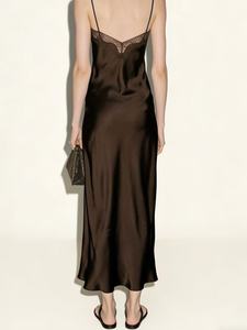 Vestido de Noche Largo de Encaje Negro con Tirantes Finos y Escote en V Profundo de Satén Sólido Personalizado al por Mayor para Mujer - Product Image 3