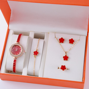 Ensemble de bijoux pour femme <span class=keywords><strong>avec</strong></span> montre à fleurs à cinq pétales porte-bonheur, 6 pièces, bracelet à fleurs + collier + boucles d'oreilles + bracelet + bague, anniversaire - Product Image 3