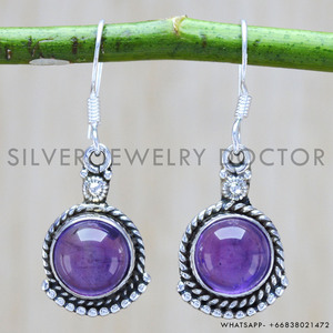 Pendientes de aro de plata esterlina con piedra de amatista de corte redondo Patrón de forma redonda de plata esterlina 925 para fiestas de la India - Product Image 2