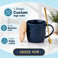 Mug en céramique bleu marine de luxe de 12 oz avec couvercle en bambou et cuillère dorée, élégant ensemble de tasses à café pour la maison et le bureau, idée cadeau haut de gamme