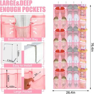 40 Pocket Over The Door Shoe Organizer Pink Hanging Mesh <b>Rack</b> For Closet Behind Door Storage - Product Image 3