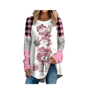 Venta al por mayor logotipo personalizado impresión gráfica Navidad moda en blanco mujeres Plaid manga larga tejido Top verano/invierno MOQ 2 uds - Product Image 1