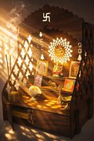 Templo Mandir de Madera Hecho a Mano y Grabado para el Hogar con Luz LED y Soporte de Pared Escalonado, Tamaño Personalizable, Base para Puja