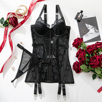Chuangerm Tersedia 2026 Lingerie Teddy Baru Bahan Mesh Transparan dengan Tali Renda untuk Membentuk Tubuh, Lingerie Babydoll Hitam