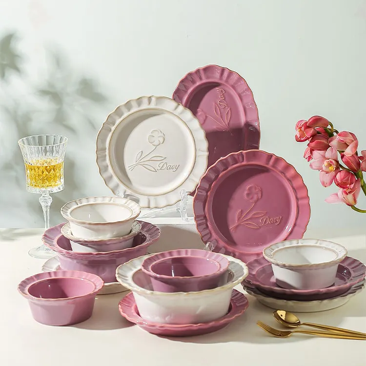 Stoviglie in ceramica rosa goffrata francese in stile europeo set da pranzo in gres porcellanato ecologico per regalo