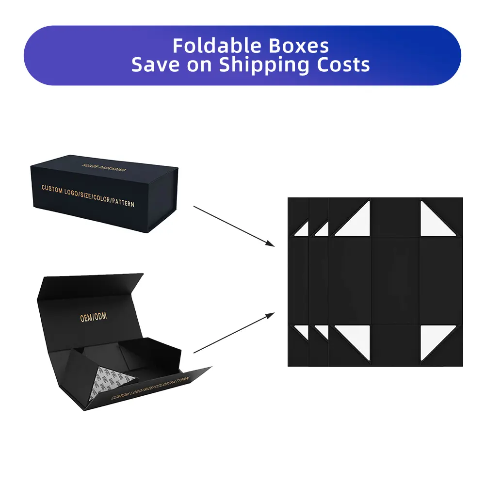 กล่องใส่กระดาษแข็งแบบพับได้กล่องแม่เหล็กแข็งสีดำสำหรับออกแบบโลโก้ได้ตามต้องการ