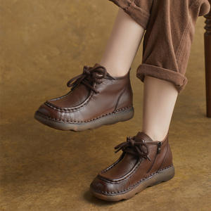 Bottines à talon plat, automne-hiver, neuves, faites à la main, en cuir véritable, style ethnique, rétro, fermeture éclair latérale, bottines plates - Product Image 1