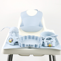 Bavoirs pliables en Silicone pour bébé, approuvé alimentaire, dessin animé, bol à ventouse, cuillère d'entraînement pour bébé, ensemble d'alimentation