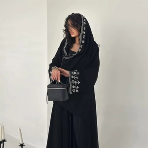 Nouvel ensemble Abaya et Hijab brodé noir pour l'Aï<span class=keywords><strong>d</strong></span> Ramadan 2026 – Vêtements islamiques pour femmes, longs cardigans musulmans avec foulard - Product Image 3