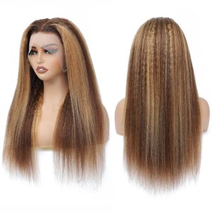 Highlight <span class=keywords><strong>Ombre</strong></span> Kinky Straight 13x4 HD Perruques frontales en dentelle Yaki pré-plumées <span class=keywords><strong>Cheveux</strong></span> humains pour femmes noires P427 Couleur blonde miel - Product Image 4