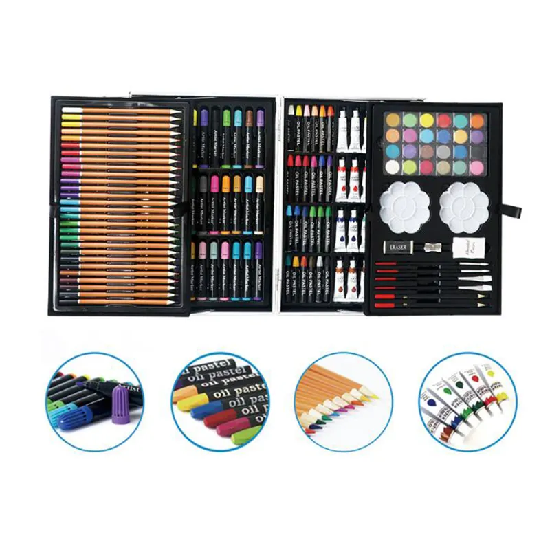 200 Piece Art Drawing Gift Set Aluminium Box With Crayons,markers,plastic palette,oil pastel etc