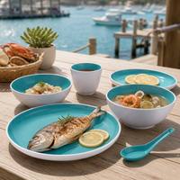 Service de table en mélamine bicolore, blanc à l'extérieur et turquoise à l'intérieur, bols et assiettes double couleur pour la maison, la cuisine, usage quotidien, passe au lave-vaisselle
