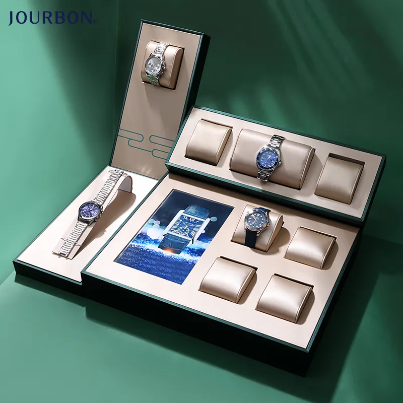 Trajes de vidro de luxo para relógio, joias, bandeja de exibição, conjuntos de suporte